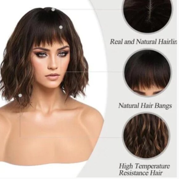 NEW Short Brown Wig with Highlights - Picture 2 of 4